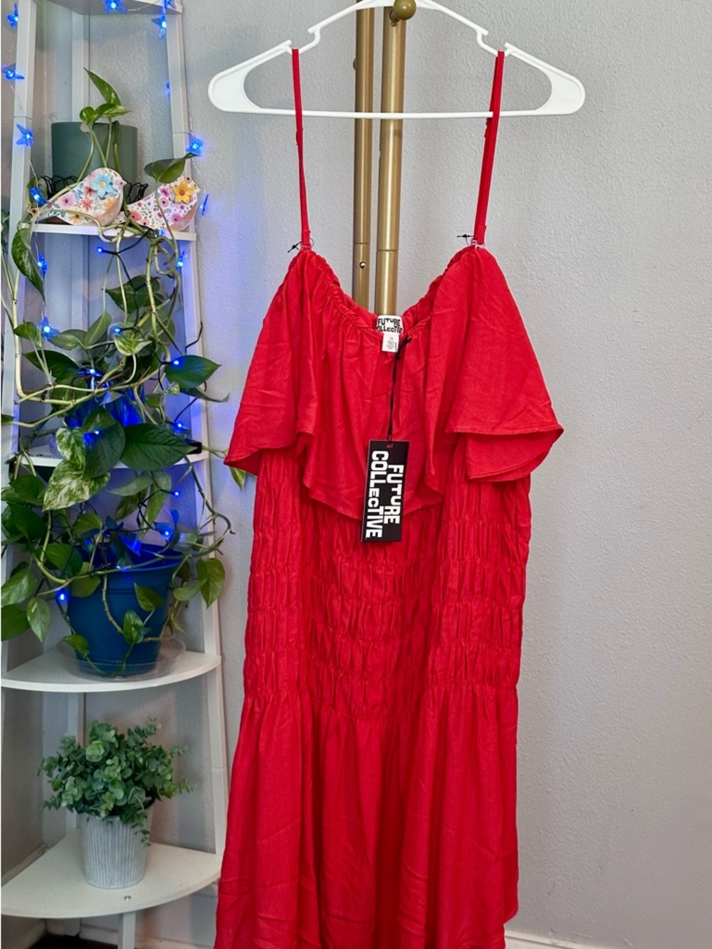 Future Collective Red Midi Dress - Ruffled Off-Shoulder Style